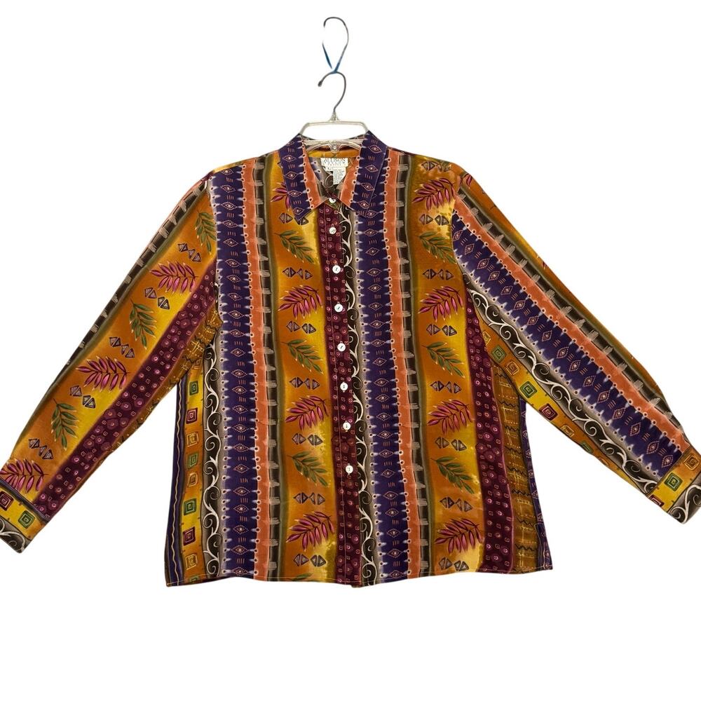 Allison Taylor Button-Up Silk Novelty Mixed Print Shirt Brown Gold Women Lp